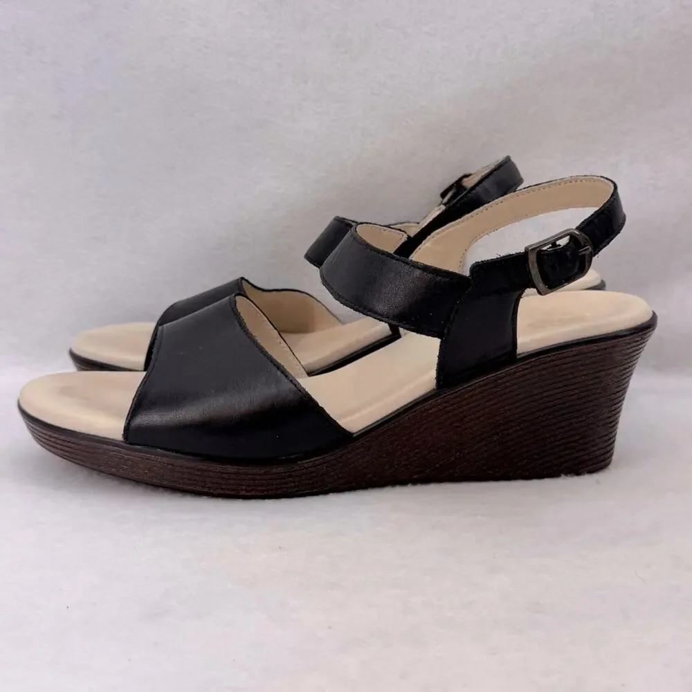 EUC Women’s SAS Heather Wedges Leather Sandals size 12 Black